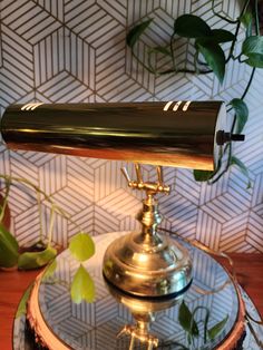 an antique brass desk lamp on top of a glass plate with a plant in the background