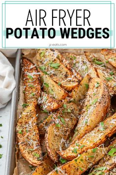 air fryer potato wedges on a baking sheet Potatoe Wedges, Air Fryer Potato Wedges, Homemade Potato Wedges, Homemade Sweet Potato Fries, Seasoned Potato Wedges, Vegan Board, Air Fry Potatoes, Air Fryer Potato, Deep Fried Potatoes