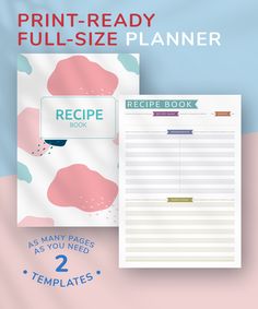 the recipe book is ready to be filled with printables and includes two pages