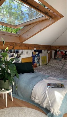 a bedroom with a skylight above the bed and plants on the table in front of it