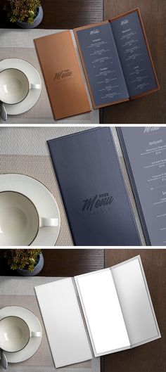 three different views of an open menu on top of a table with plates and cups