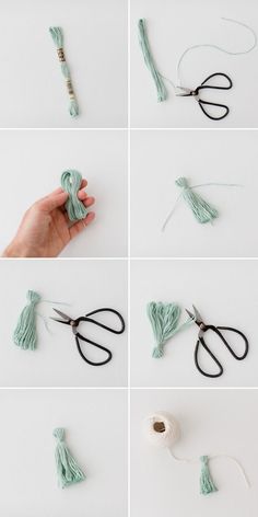 the steps to make a crochet tassell with yarn, scissors and thread