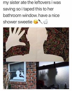 a tweet that has been posted to someone on their facebook page with the caption, my sister ate the leftovers i was saving so i trapped this to her bathroom window