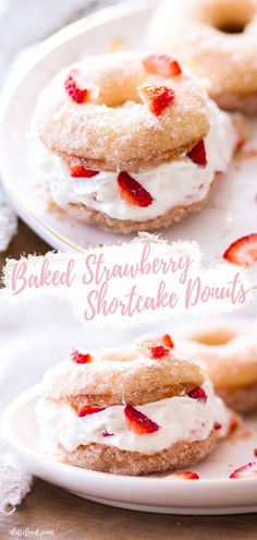 strawberry shortcake doughnuts with whipped cream and strawberries on top are sitting on a white plate