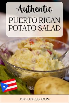 a bowl filled with potato salad next to potatoes