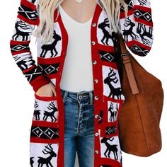 Red Christmas Element Print Long Cardigan 95%Polyester+5%Spandex Let This Women’s Cardigan Be Your Go-To Sweater For The Upcoming Fall And Winter Seasons It Is Soft, Warm And Beautifully Constructed, And It Will Go With All Of Your Favorite Casual Wardrobe Items They Will Also Help Keep You Snug And Warm During Cold Weather This Sweater Has An Open-Front Design And The Hemline Ends Well Below The Hips At The Mid-Thigh Buttoned Closure And Pockets Detail Front Sm(4-6) Med(8-10) Lg(12-14) Xl(16-18 Casual Long Sleeve Cardigan For Holiday, Casual Winter Holiday Outerwear, Red Long Sleeve Cardigan For Holiday, Casual Fall Holiday Outerwear, Casual Fall Outerwear For Holiday, Casual Holiday Outerwear, Red Casual Holiday Cardigan, Casual Red Holiday Cardigan, Casual Christmas Holiday Outerwear