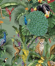 an image of a jungle scene with animals and birds on the tree branches in front of them