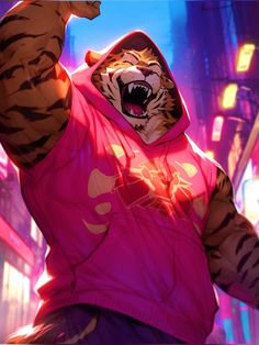 a man in a pink hoodie with a tiger on his chest and arms up