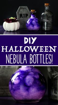 purple halloween bottles with the words diy halloween nebula bottles