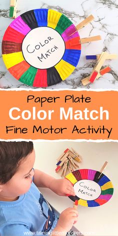 a young boy playing with paper plate color match