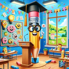 a cartoon pencil with a graduation cap on it's head standing in front of a desk