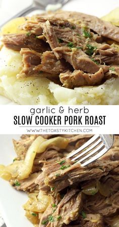 slow cooker pork roast on top of mashed potatoes