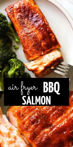 an air fryer bbq salmon and broccoli on a plate