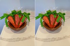 two pictures of carrots in a wooden bowl