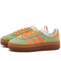 New Adidas Gazelle Bold W Semi Green Spark, Screaming Orange & Core White Women’s Uk Size 9 Which Is A Us Women’s 10.5. New In Box. Never Worn. Released In 1968, The Adidas Gazelle Was Initially Intended To Be An All-Round Training Shoe. Crafted With A Minimal Design And Multiple Colour Combinations The Gazelle Has Been A Firm Favourite In The Sports Casual Arena. Made With A Suede Upper, With Three Stripe Detailing. Finished With A Chunky Rubber Outsole Leather Upper Synthetic Sole Lace Closure Adidas Gazelle Outfit, Orange Core, Adidas White Shoes, Adidas Gazelle Bold, Light Running Shoes, Adidas Super, Gazelle Bold, Green Sneakers, Cute Sneakers