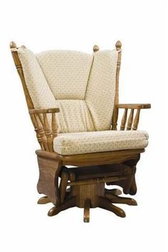 a wooden rocking chair and foot stool with white upholstered fabric on the seat