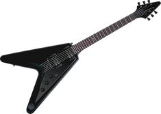 an electric guitar with black body and neck, isolated against a white backgroud