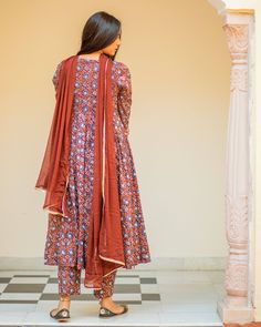 Bagru Print Brown Colored Dress Set - www.riafashions.com Red Cotton Dress With Bandhani Print, Red Anarkali Dress In Cotton Silk, Bohemian Red Anarkali Set With Printed Motifs, Red Cotton Kurta With Floral Print, Festive Brown Kurta With Printed Motifs, Red Cotton Floral Print Kurta, Red Chanderi Sets With Floral Print, Red Cotton Dresses For Navratri, Red Cotton Navratri Dresses