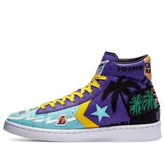 The Chinatown Market x Converse Pro Leather High 'Lakers Championship Jacket' is a limited edition shoe that celebrates the LA Lakers' 2002 NBA championship. The shoes feature bold colors and oversized graphics that replicate the look of the championship leather jackets made by designer Jeff Hamilton for the Lakers. A callout to Hamilton and Chinatown Market appears on the tongue tag, while the latter brand's logo is stamped on the heel tab. These shoes are a must-have for any Lakers fan or streetwear enthusiast. (SNKR) Multicolor Leather Sneakers For Outdoor, Retro Lace-up Custom Sneakers For Sports, Converse Graphic Print Sneakers For Streetwear, Converse Sneakers With Graphic Print For Streetwear, Sporty Converse Sneakers With Graphic Print, Urban Converse High-top Sneakers For Sports, Custom Converse High-top Sneakers For Streetwear, Converse Streetwear Basketball Shoes With Round Toe, Converse Streetwear Basketball Shoes