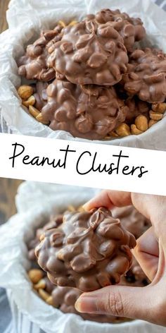 two pictures of peanut clusters with chocolate frosting on top