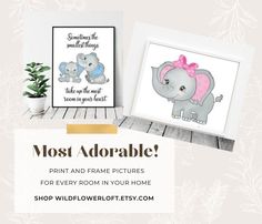 two framed pictures with the words most adorable on them and an elephant holding a pink bow