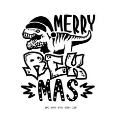 a black and white drawing of a dinosaur wearing a santa hat with the words merry christmas