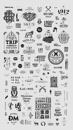 an old black and white poster with various symbols