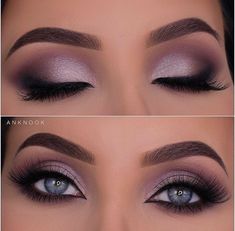 Hair And Makeup Ideas For Prom, Smokey Eye Makeup Step By Step Blue Eyes, Purple Smokey Eye Makeup Wedding, Glam Makeup Looks Blue Eyes, Lavender Wedding Makeup, January Makeup Looks, Eye Shadow Looks For Blue Eyes, Smokey Eye Makeup Blue Eyes, Sultry Makeup For Blue Eyes