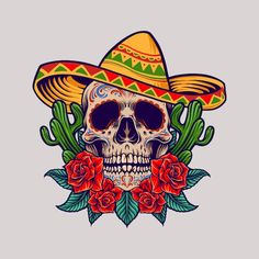 a skull wearing a sombrero and roses