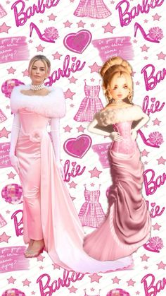 two women in pink dresses standing next to each other with hearts and stars on the background