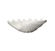 a white shell shaped bowl sitting on top of a table