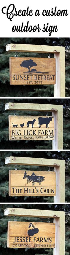 three wooden signs with the words, create a custom outdoor sign and an image of horses on them