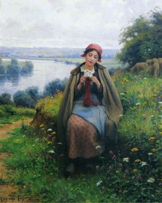 Girl Knitting, vintage artwork by Daniel Ridgway Knight, 12x8 (A4) Poster Knitting Images, Knitting Art, Knit Art, Knight Art, Wow Art, A4 Poster, Oil Painting Reproductions, Painting Reproductions, Knitting Girls