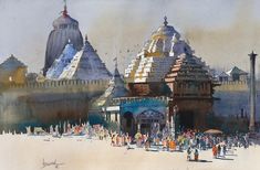 an artistic painting of people walking around in front of a building with domes on top