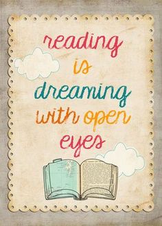 an open book with the words reading is dreaming with open eyes written on it and clouds above