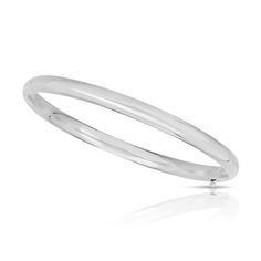 Simple and versatile, this 14K white gold bangle bracelet is a look your mini fashionista will love to style. Hollow 14K white gold This classic bangle features a polished 4.5mm-wide design 5.5 inches in circumference; hinged box clasp White Gold Round Band Bracelets For Anniversary, White Gold Round Band Bracelet For Anniversary, Classic Diamond Bracelet With Polished Finish For Formal Occasions, Classic Polished Diamond Bracelet For Formal Occasions, Classic Stackable White Gold Bracelet, Modern White Gold Bangle With Polished Finish, White Gold Sterling Silver Bangle - Fine Jewelry, Classic Stackable Sterling Silver Bracelet, Modern White Gold Bangle Bracelet