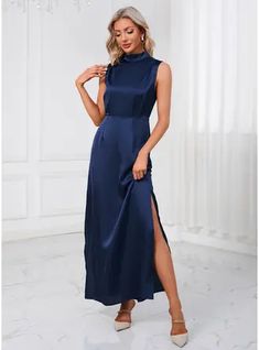 JJ's House No Satin Maxi High Neck Fall Spring Summer Winter A-line Leg Slit Yes Navy Blue S Height:5.7ft(174cm) Bust:33.5in(85cm) Waist:26in(66cm) Hips:36in(91cm) Floor-Length Dress. #JJ's House #No #Satin #Maxi #HighNeck #Fall #Spring #Summer #Winter #Aline #LegSlit #Yes #NavyBlue #S #FloorLength #Dress Navy Blue Maxi Dress, Blue Dress Formal, House No, Satin Maxi, Satin Maxi Dress, Floor Length Dresses, Navy Dress, Winter Dresses, Maxi Dresses