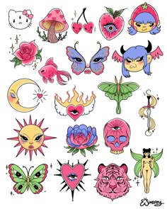 an assortment of tattoos with different designs and colors on the back of each tattoo sheet