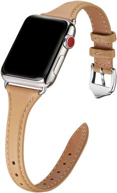 an apple watch with a tan leather band