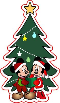 mickey and minnie mouse christmas tree with santa clauss holding presents in front of it