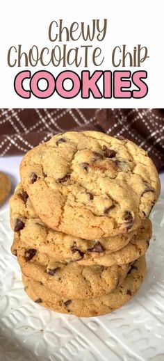 three chocolate chip cookies stacked on top of each other with the words chewy chocolate chip cookies