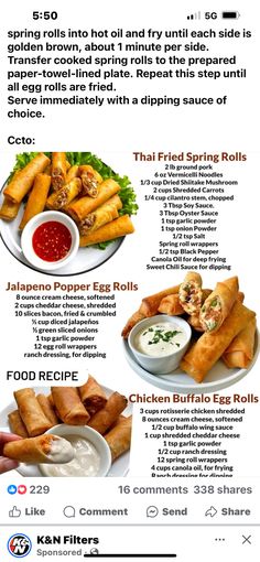 an advertisement for fried spring rolls with dipping sauce on the side and other food items