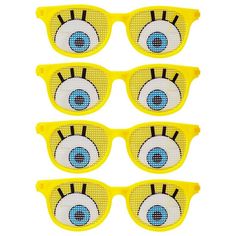 six pairs of yellow sunglasses with blue eyes