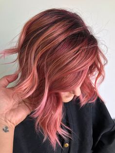 Copper Pink Balayage, Ashy Red Hair Balayage, Pink Highlights In Copper Hair, Copper Hair With Pink, Pink And Copper Hair, Copper Pink Hair, Copper And Pink Hair, Copper Rose Gold Hair, Red And Pink Hair