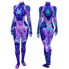 a woman's purple and blue body suit with futuristic design on the chest, front and back views