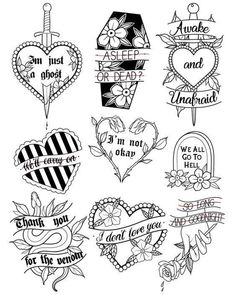 some heart tattoos with words and flowers on the side, one is black and white