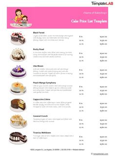 the menu for cake price list is shown