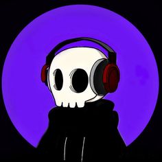 a skull wearing headphones with a purple background