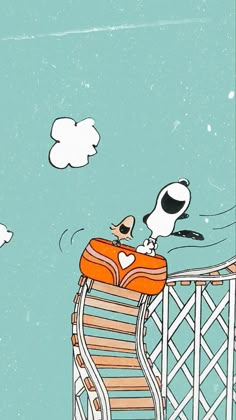 a dog sitting on top of a wooden chair next to a seagull flying in the sky