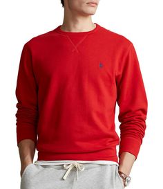 From Polo Ralph Lauren&#x2C; this sweatshirt features:signature embroidered pony at the left chestcrewneck with a v-insetlong sleeves with ribbed cuffsribbed hemcotton/polyester/elastanemachine wash; tumble dryImported. Red Long Sleeve Top With Ribbed Neckline, Red Crew Neck Sweatshirt In Athleisure Style, Red Crew Neck Sweatshirt For Athleisure, Red Long Sleeve Sweatshirt Athleisure, Red Long Sleeve Athleisure Sweatshirt, Ralph Lauren Fleece, Red Crewneck, Comfy Sweatshirt, Sweatshirts Online